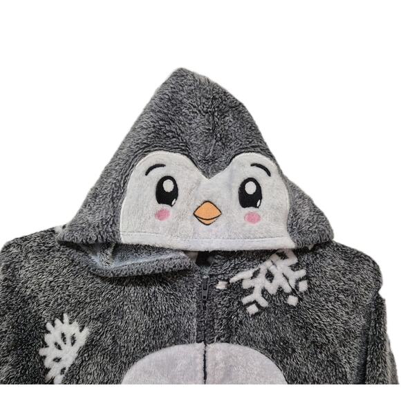 Justice Gray White Snowflake Penguin Hooded Fleece Jammies Girls Size 8 - Picture 2 of 6